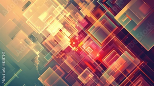 Dynamic abstract image with glowing, colorful squares and rectangles appearing to fly through space