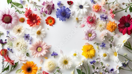 beautiful colored flowers arranged around a central white space on a white background