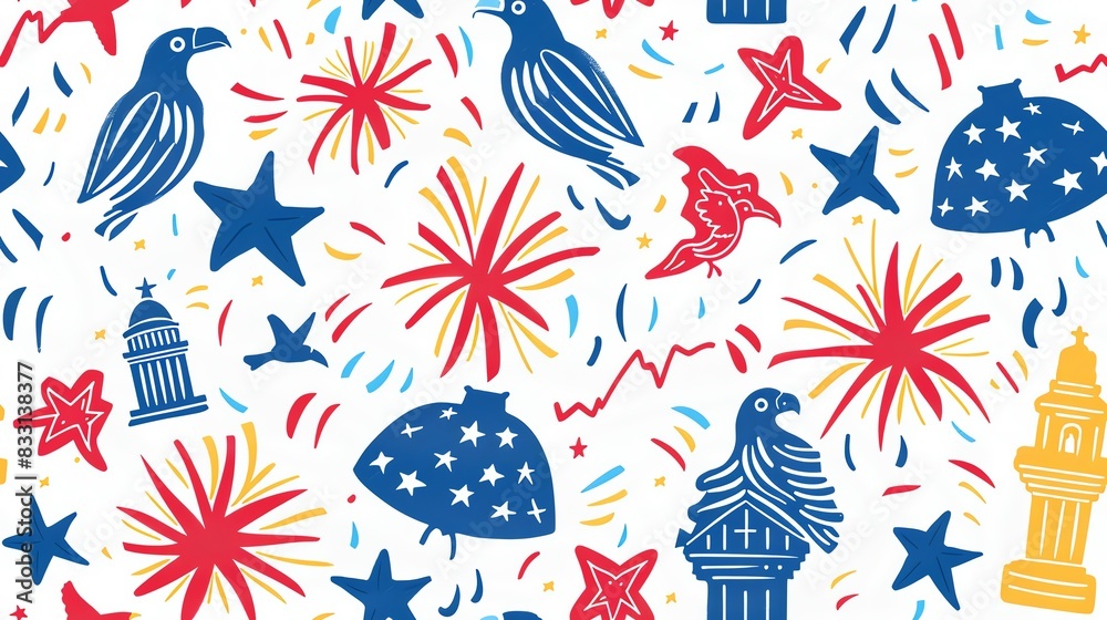 Hand-drawn seamless pattern featuring fireworks, eagles, and Liberty Bells, perfect for a celebratory and patriotic Fourth of July look Hand-drawn seamless pattern featuring fireworks, eagles, and Liberty Bells, perfect for a celebratory and patriotic Fourth of July look
