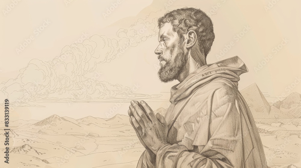 Fototapeta premium St. Anthony of Egypt in Desert, 4th-Century Egyptian Landscape, Biblical Illustration, Beige Background, Copyspace