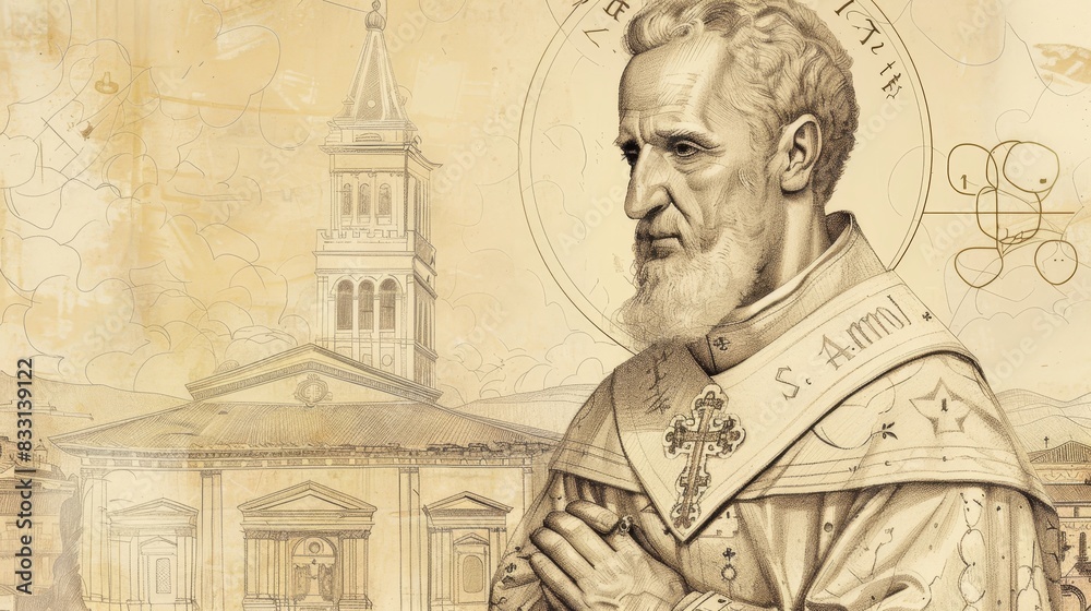 Fototapeta premium St. Ambrose of Milan in Bishop's Robes, Italian Church, Biblical Illustration, Beige Background, Copyspace