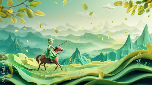 Child riding a horse playing the flute, cute 3d green background in light green and light blue