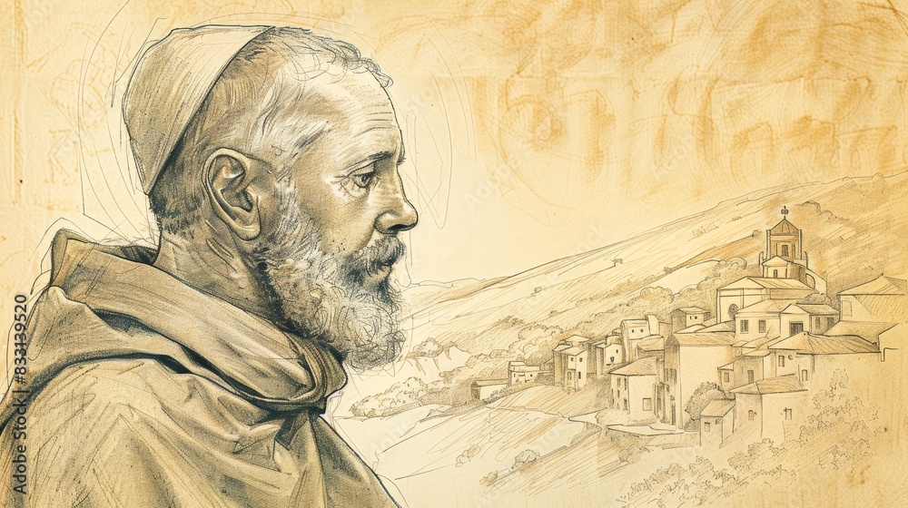 Fototapeta premium St. Ambrosio in Reflection, 16th-Century Spanish Village, Biblical Illustration, Beige Background, Copyspace