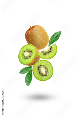 Flying group kiwi with slices collection isolated on white background.