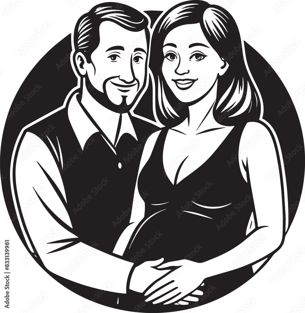 silhouette of a pregnant  woman with her husband illustration black and white
