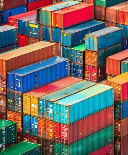 Stacks of cargo freight containers at a port.