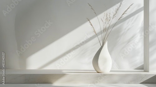 There is a white clay sculpture vase in the center of the picture, organic flowing triangular form, light white photo