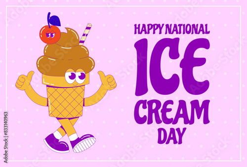 National ice cream day. Holiday concept. Funky ice cream in waffle cup with cherry and stick with funky faces. Trendy psychedelic banner. Vector illustration