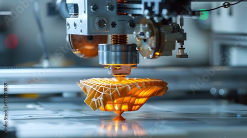 Illustration of Adoption of additive manufacturing (3D printing) and other advanced techniques to improve production processes. Ai Generate.