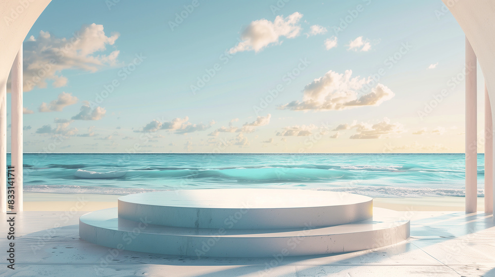 3D render, minimal Summer background with empty podium or pedestal platform for showing product, cosmetic scene for mock up, beach swim elements decoration 3D render, minimal Summer background with empty podium or pedestal platform for showing product, cosmetic scene for mock up, beach swim elements decoration