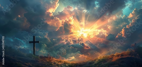 Golgotha cross, Easter card, light rays, serene clouds, divine landscape, spiritual greeting, religious inspiration