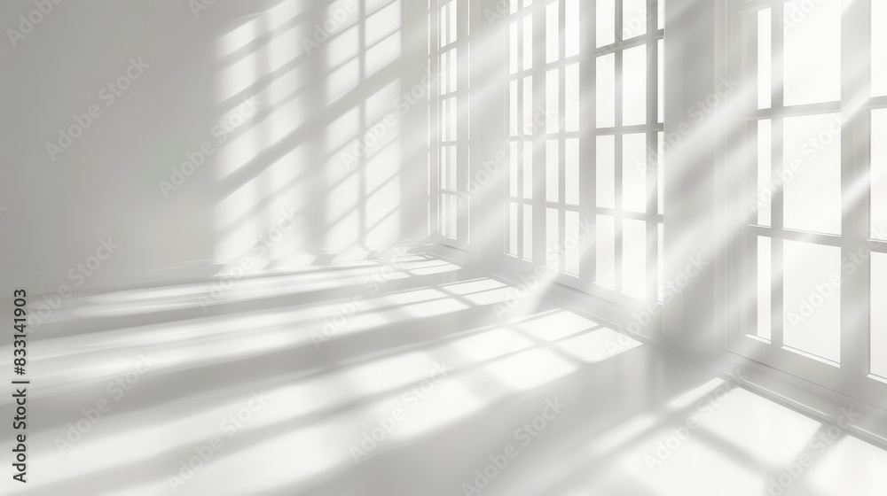 Fototapeta premium Minimalist empty interior of a white room with blurred natural light entering through windows. Shadow overlay, abstract background for product presentation.