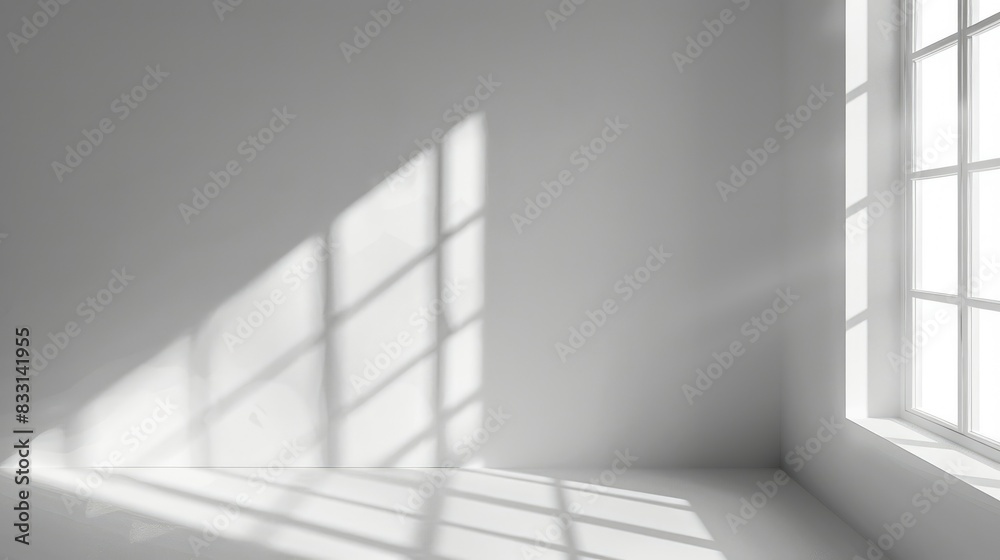 Fototapeta premium Minimalist empty interior of a white room with blurred natural light entering through windows. Shadow overlay, abstract background for product presentation.