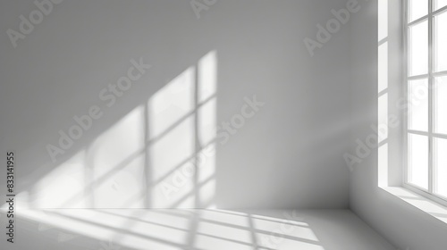 Minimalist empty interior of a white room with blurred natural light entering through windows. Shadow overlay  abstract background for product presentation.