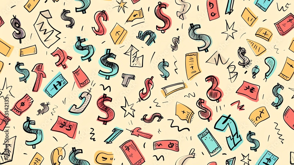 Seamless pattern of hand-drawn stock market tickers and dollar signs, showcasing a vibrant and monetary theme