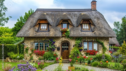 Charming stone cottage with a thatched roof and a lush flower garden. The cottage is surrounded by greenery