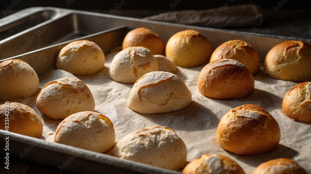 Freshly baked bread rolls on a parchment-lined baking tray, showcasing their golden-brown crusts.

