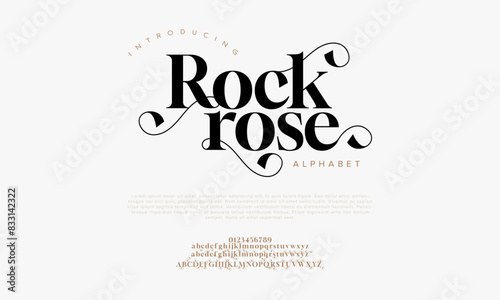 Rockrose premium luxury elegant alphabet letters and numbers. Vintage wedding typography classic serif font decorative vintage retro. creative vector illustration