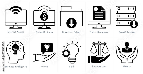 A set of 10 business and office icons as internet access, online business, download folder