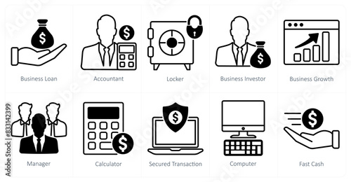 A set of 10 business and office icons as business loan, accountant, locker