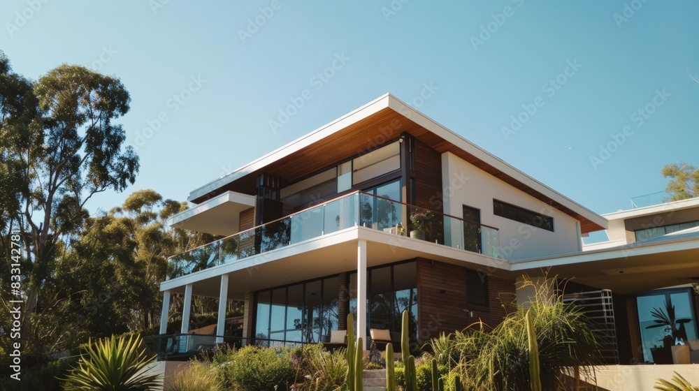 Modern two-story home with a large deck overlooking a lush green landscape, minimalist design with large windows. Modern two-story home with a large deck overlooking a lush green landscape, minimalist design with large windows.
