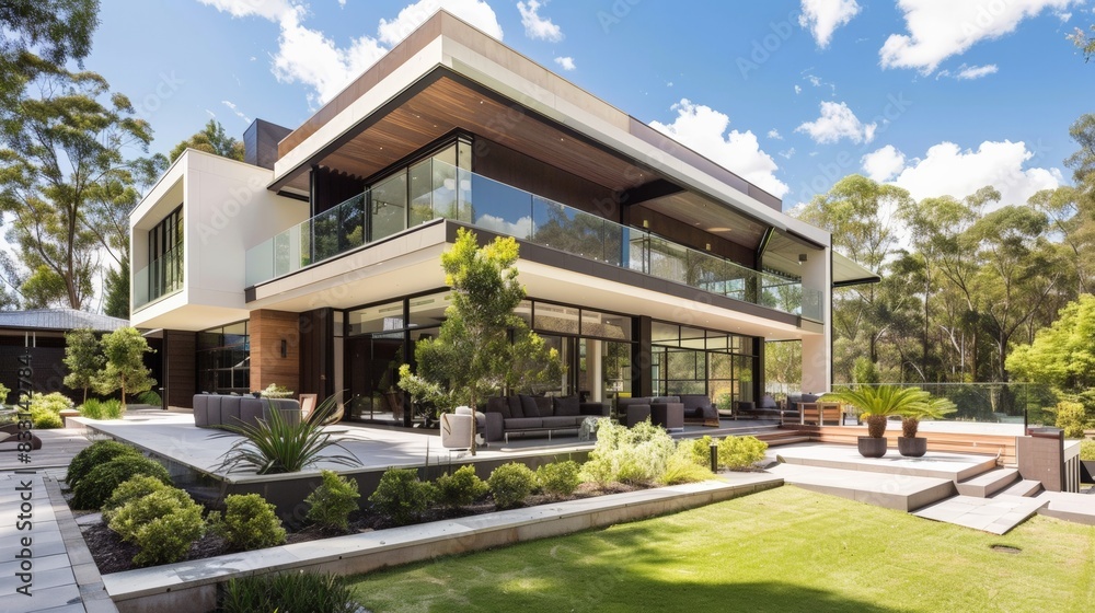 Modern luxurious home with expansive windows and a spacious patio Modern luxurious home with expansive windows and a spacious patio