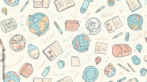 Soft pastel-colored seamless pattern with hand-drawn leaves, small flowers, and squirrels, showcasing a harmonious and whimsical design