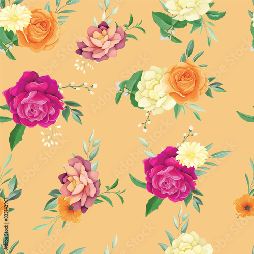 beautiful floral pattern with yellow pink and pink roses.