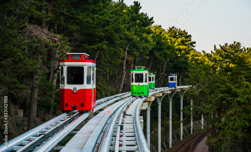 Cute sky capsule Haeundae Blue Line train most popular seaside railway for tourist in Busan, South Korea