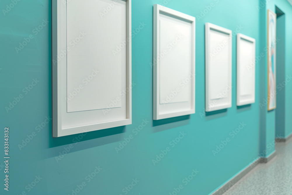 Slim blank frames featured on a luminous cyan wall in a modern gallery. Slim blank frames featured on a luminous cyan wall in a modern gallery.
