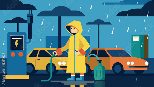 As the rain poured down a petrol pump attendant in a raincoat quickly shuffled between cars carefully checking the oil levels and filling up gas. Vector illustration