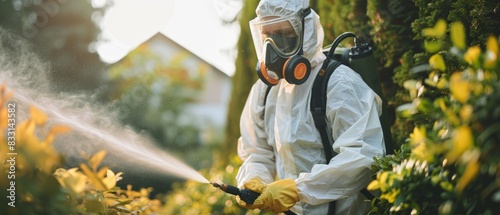 A pest control specialist in protective gear is spraying pesticides	 photo