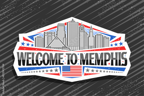 Vector logo for Memphis, white decorative tag with line illustration of famous contemporary memphis city scape on day sky background, art design refrigerator magnet with black words welcome to memphis