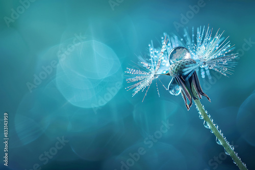 Beautiful macro shot of a dandelion with dew drops on blue background
