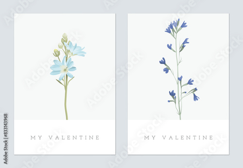 Valentine day greeting card, minimalist blue wildflowers