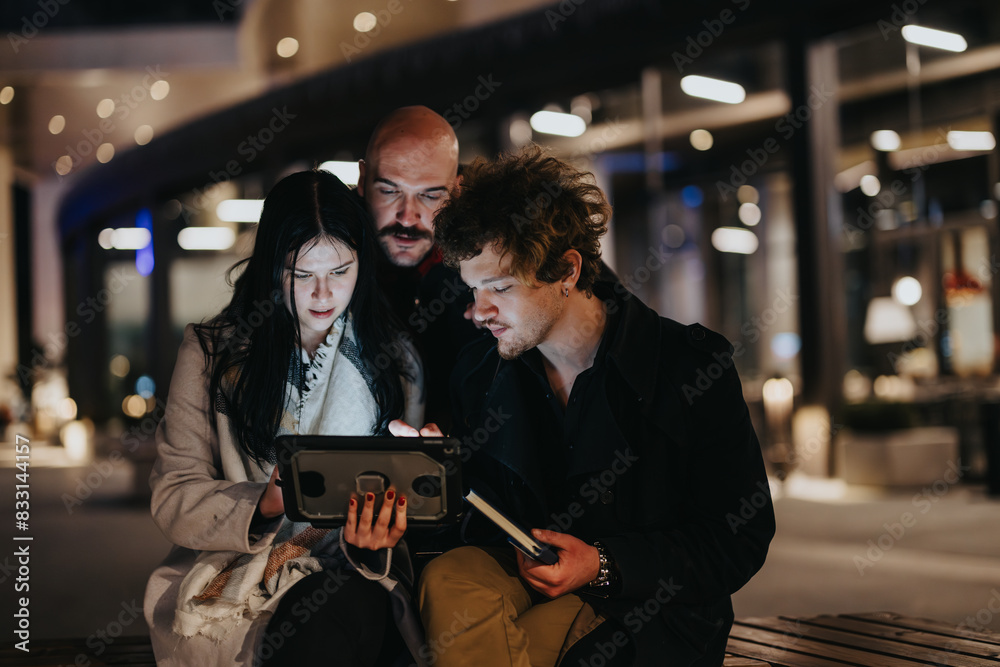 Three business associates collaborating and reviewing content on a digital tablet at night outdoors, portraying teamwork and innovation. Three business associates collaborating and reviewing content on a digital tablet at night outdoors, portraying teamwork and innovation.