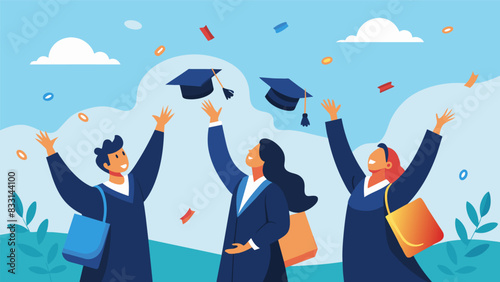 A group of graduates their hats forming a perfect arc in the air celebrate the end of their high school journey and the beginning of a new chapter.. Vector illustration