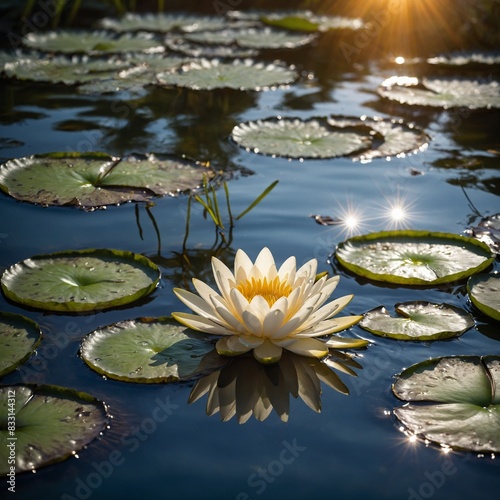 Sunlight dances on the crystal-clear waters  illuminating a vibrant water lily as it basks in the warmth of the day.  