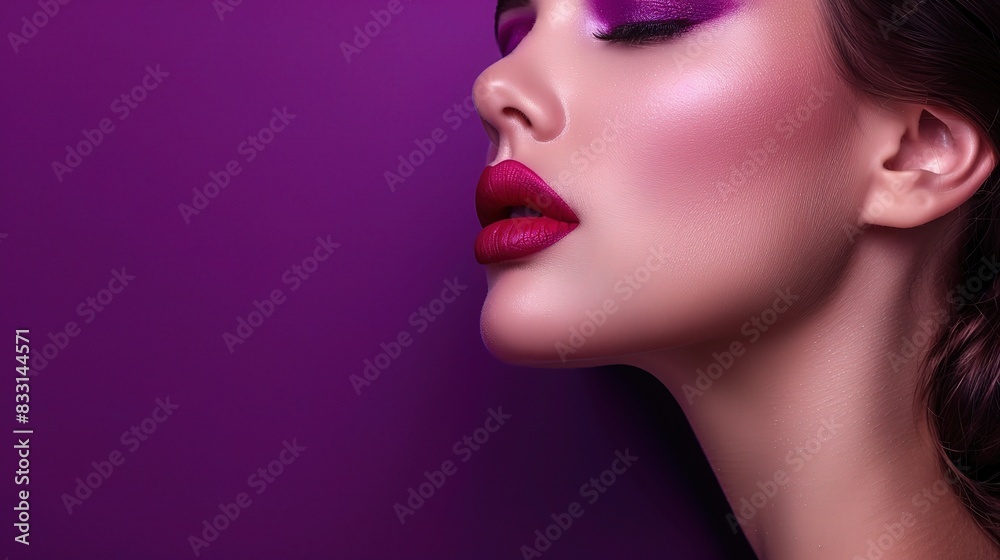 woman portrait with sophisticated makeup, set against a deep purple background, copy space woman portrait with sophisticated makeup, set against a deep purple background, copy space