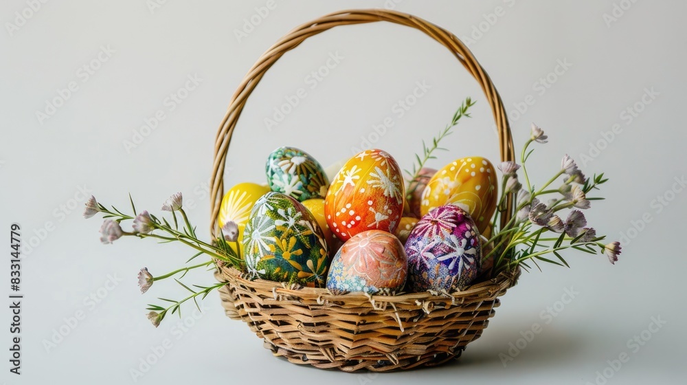 Colorful handmade Easter eggs in an Easter basket on a white background Symbolizing the celebration of Easter Colorful handmade Easter eggs in an Easter basket on a white background Symbolizing the celebration of Easter
