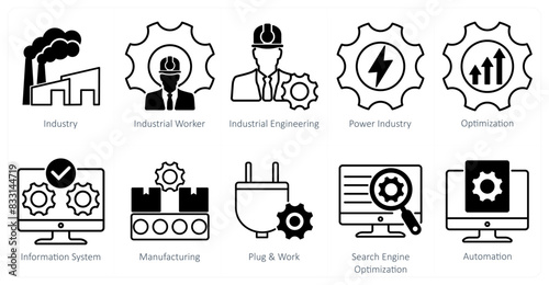A Set of 10 Industrial icons as industry, industrial worker, industrial engineering