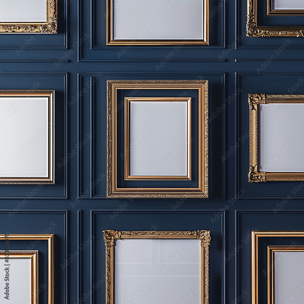 Fototapeta premium Navy wall sets the tone in an elegant gallery with fine wooden blank frames.