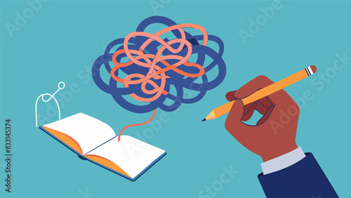 The act of journaling with the nondominant hand is like untangling a knot with every page revealing a deeper layer of the mind.. Vector illustration