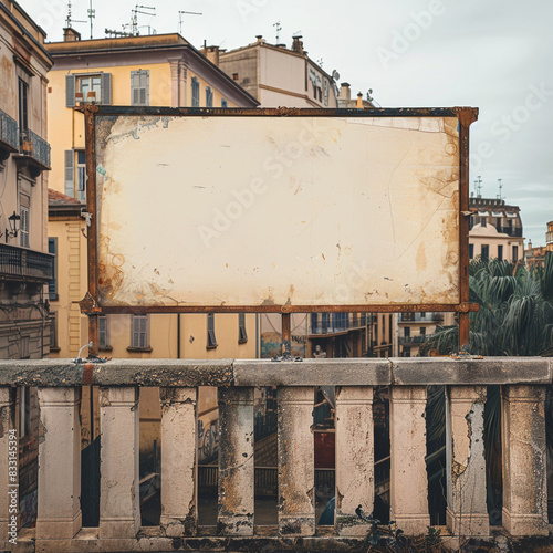 Historical buildings backdrop a vintage-style blank billboard on an aged concrete fence in a classic street view. photo