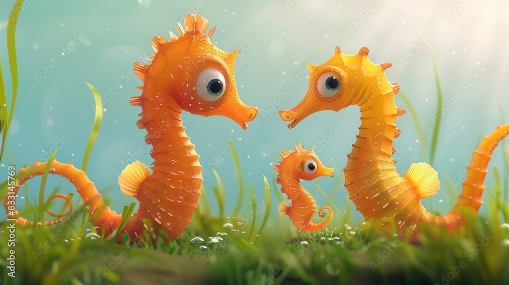 A delightful cartoon scene of a seahorse family swimming peacefully among seagrass, highlighting the importance of preserving marine habitats on World Ocean Day. Generative AI A delightful cartoon scene of a seahorse family swimming peacefully among seagrass, highlighting the importance of preserving marine habitats on World Ocean Day. Generative AI