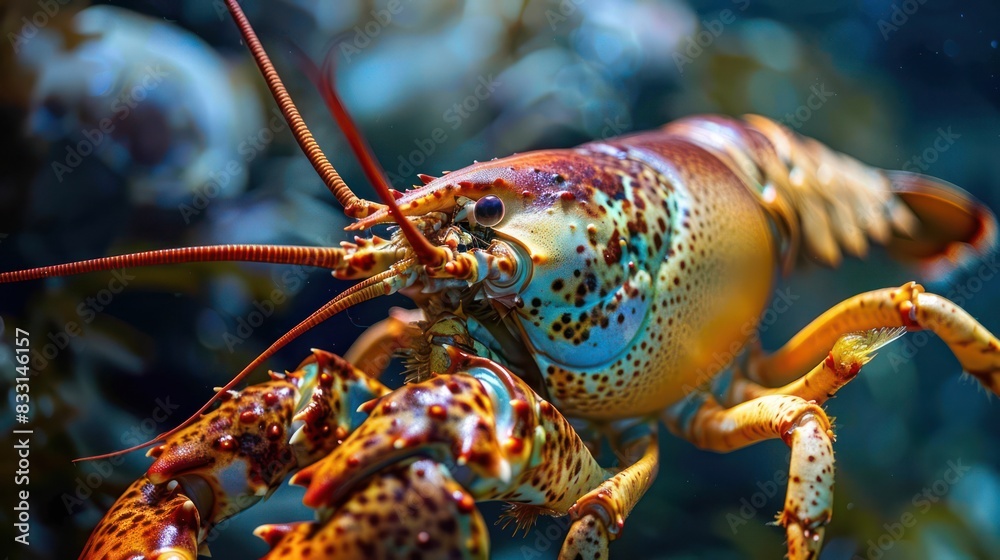 This sharp image captures a beautifully patterned live lobster with its antennae and claws viewed through the blue water of its natural habitat This sharp image captures a beautifully patterned live lobster with its antennae and claws viewed through the blue water of its natural habitat