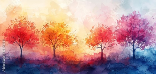 Colorful watercolor landscape painting with artistic trees in vibrant hues against a dreamy background  perfect for creative projects.