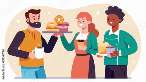 The greeters hand out fresh coffee and donuts inviting attendees to enjoy a warm treat before the service begins.. Vector illustration