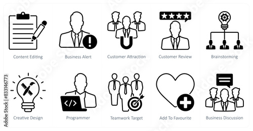 A set of 10 seo icons as content editing, business alert, customer attraction