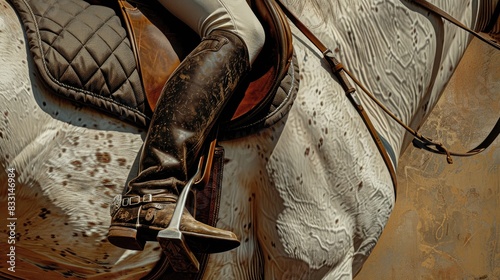A depiction of a rider s leg in riding gear on horseback displaying stirrups for equestrian activities photo